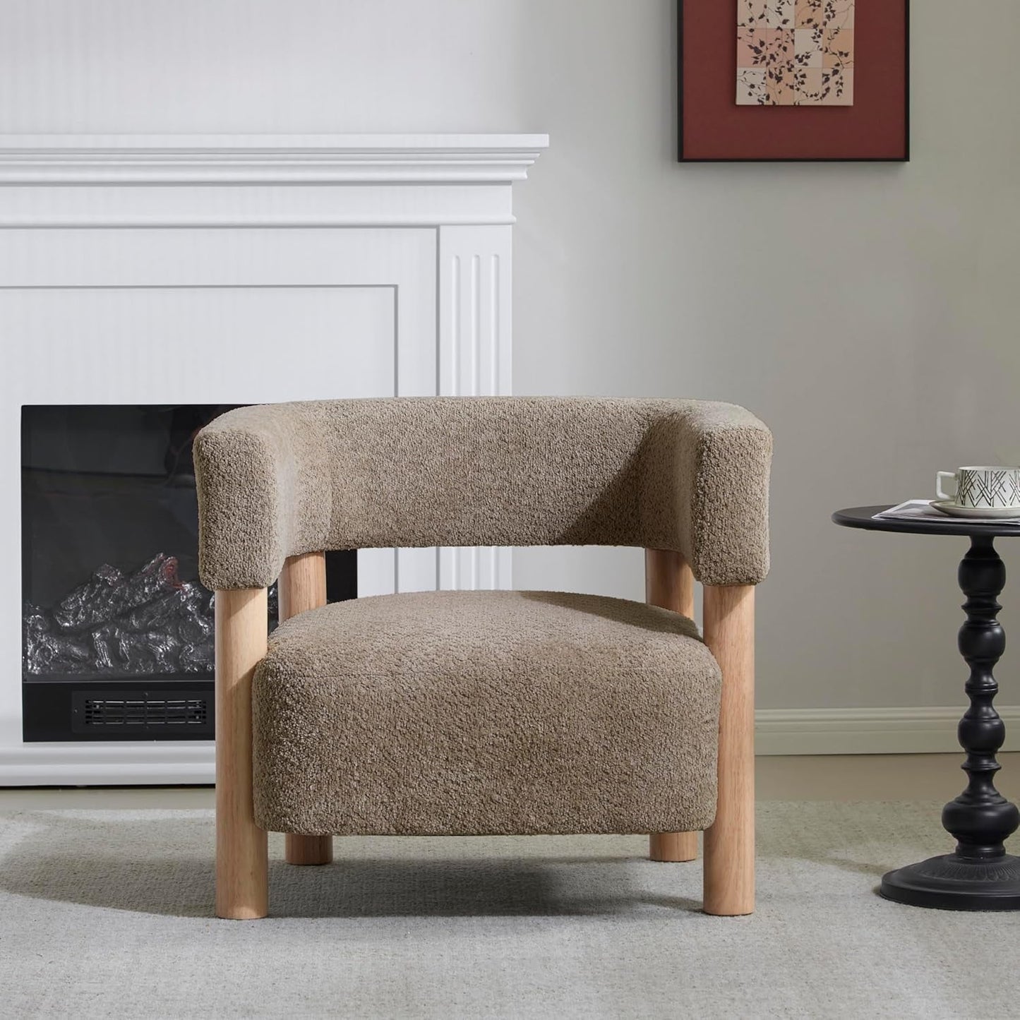 Low Profile Boucle Fabric Accent Chair Light Camel Tone