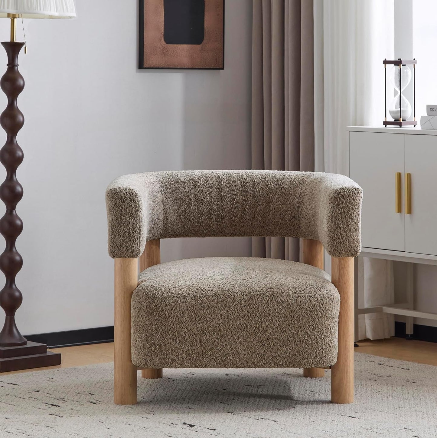Low Profile Boucle Fabric Accent Chair Light Camel Tone